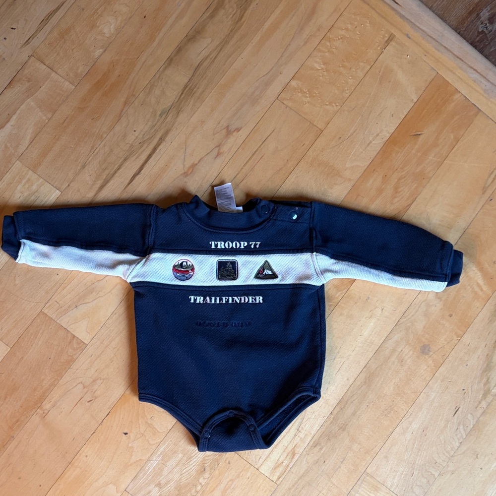 Vintage Bugle Boy Preppy Bodysuit with long sleeves. Navy tan. Size 24 months